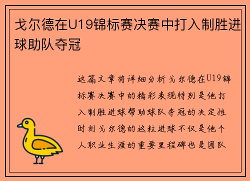 戈尔德在U19锦标赛决赛中打入制胜进球助队夺冠