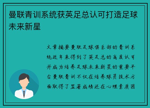 曼联青训系统获英足总认可打造足球未来新星 曼联青训系统获英足总认可打造足球未来新星