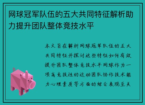 网球冠军队伍的五大共同特征解析助力提升团队整体竞技水平