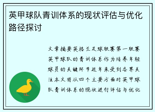 英甲球队青训体系的现状评估与优化路径探讨